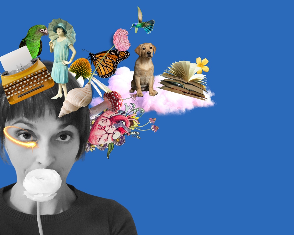 un collage su sfondo blu, in primo piano sulla sinistra c'è un mio ritratto in bianco e nero e sopra la mia testa tante piccole immagini che rappresentano il mio mondo interiore e fisico: una macchina da scrivere con un foglio infilato, un pappagallo verde, una farfalla su una margherita, una conchiglia di paguro, un fungo simpatico ma velenoso, un labrador su una nuvola insieme a dei libri aperti, l'illustrazione di un cuore anatomico da cui escono piccoli fiori.